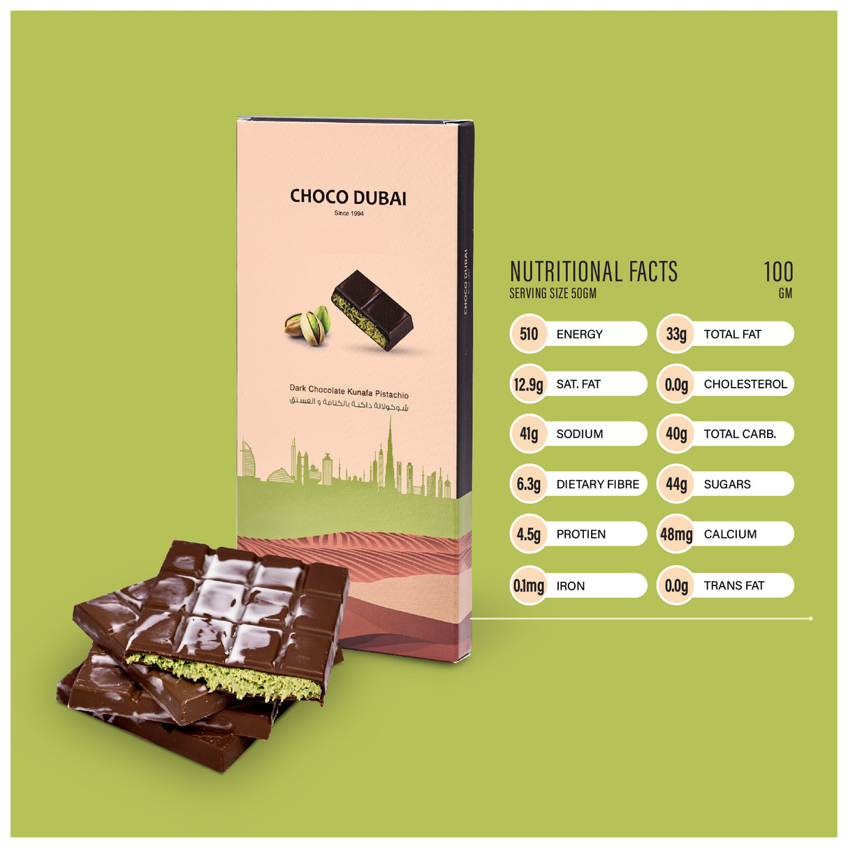 Dark Chocolate Kunafa Pistachio 100GM