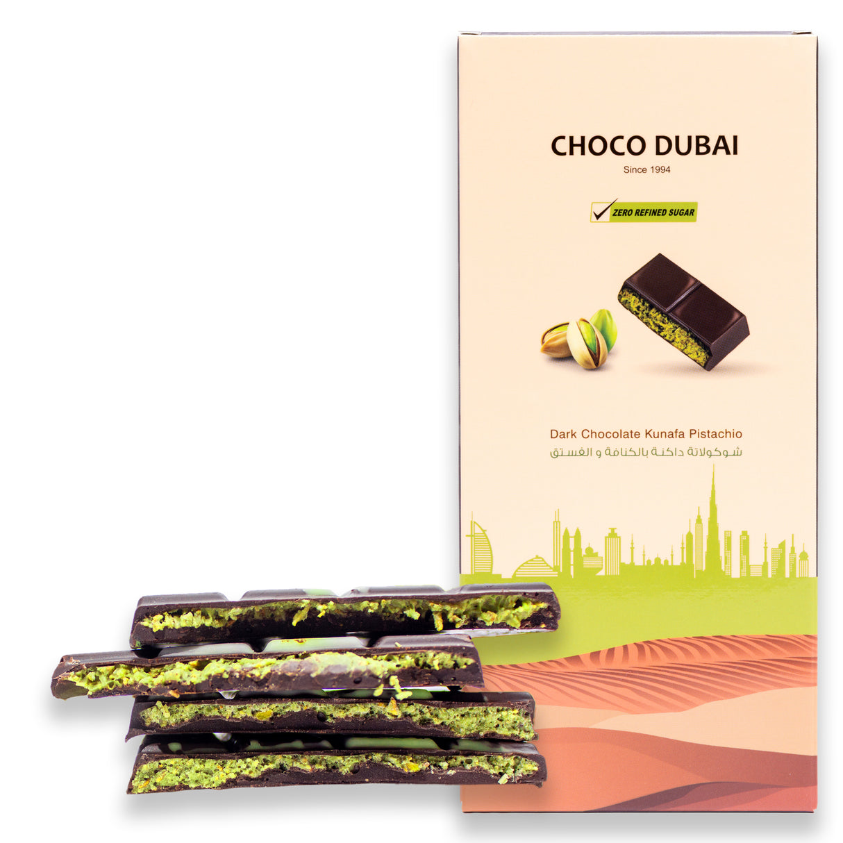 Dark Chocolate Kunafa Pistachio 100 GM (Zero Refined Sugar)