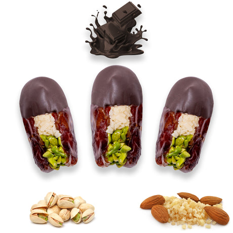Luxury Khedri Dates Stuffed with Nuts & Half-Dipped in Dark Chocolate