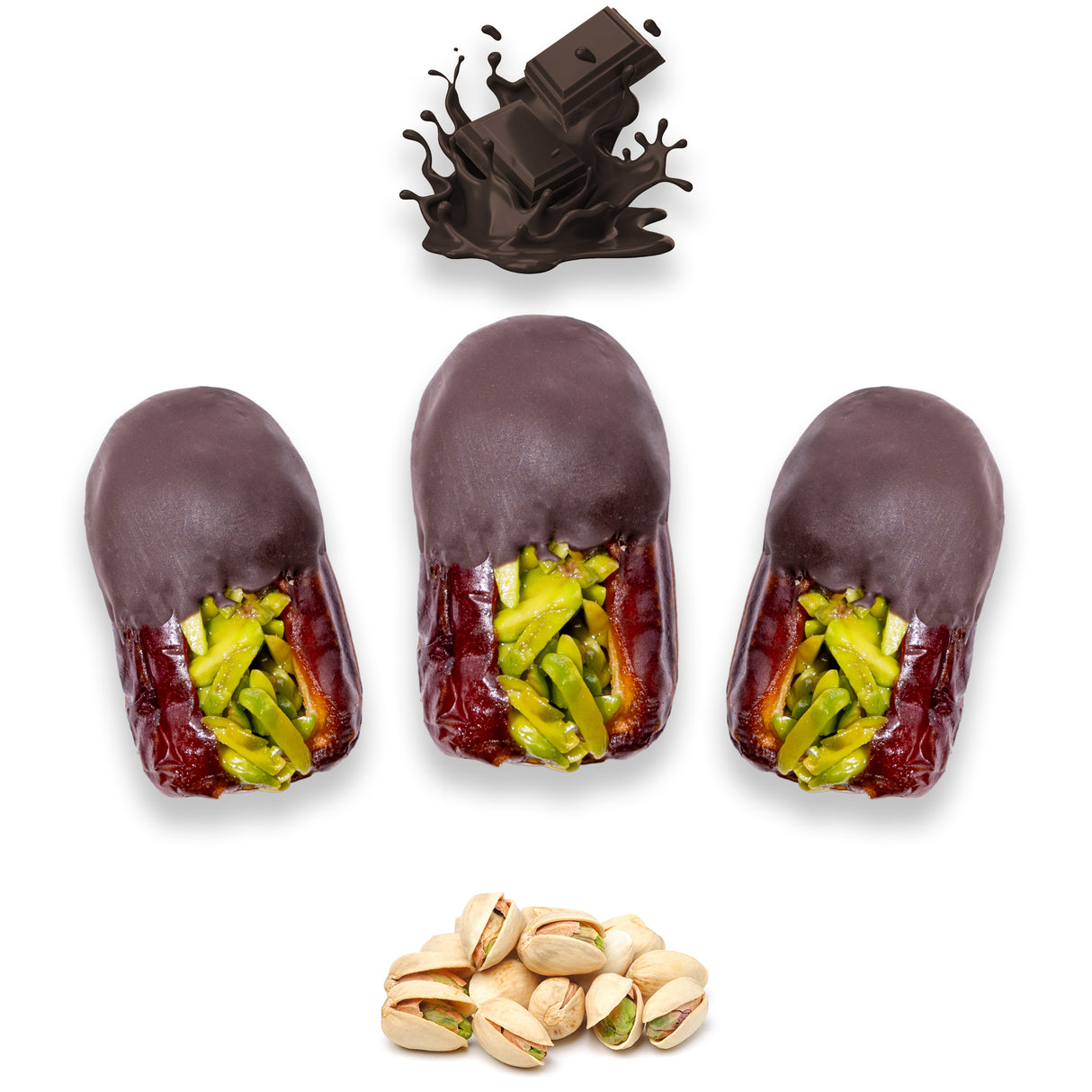 Luxury Khedri Dates Stuffed with Nuts & Half-Dipped in Dark Chocolate