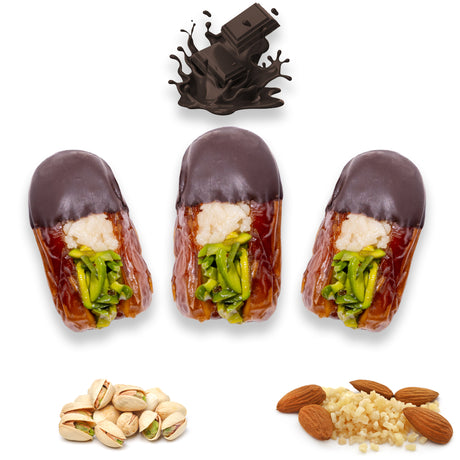 Luxury Sagi Dates Stuffed with Nuts & Half-Dipped in Dark Chocolate