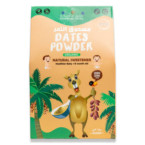 Organic dates powder from Kingdom Dates UAE, zero junk sweetener, shown in a resealable bag with fresh dates nearby.