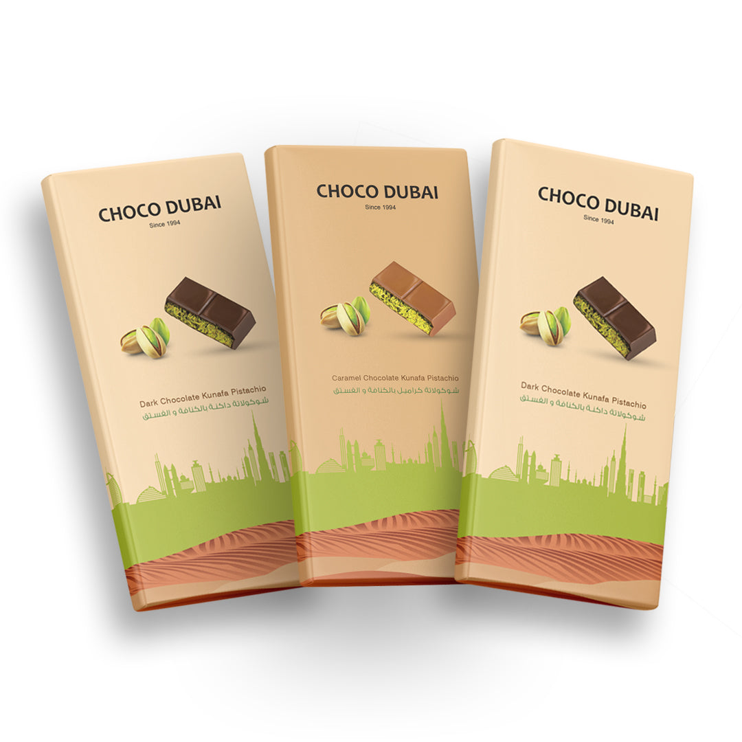 Dubai Chocolate Kunafa Pistachio Offer - 2 Dark & 1 Caramel (3 Pieces, 300g)