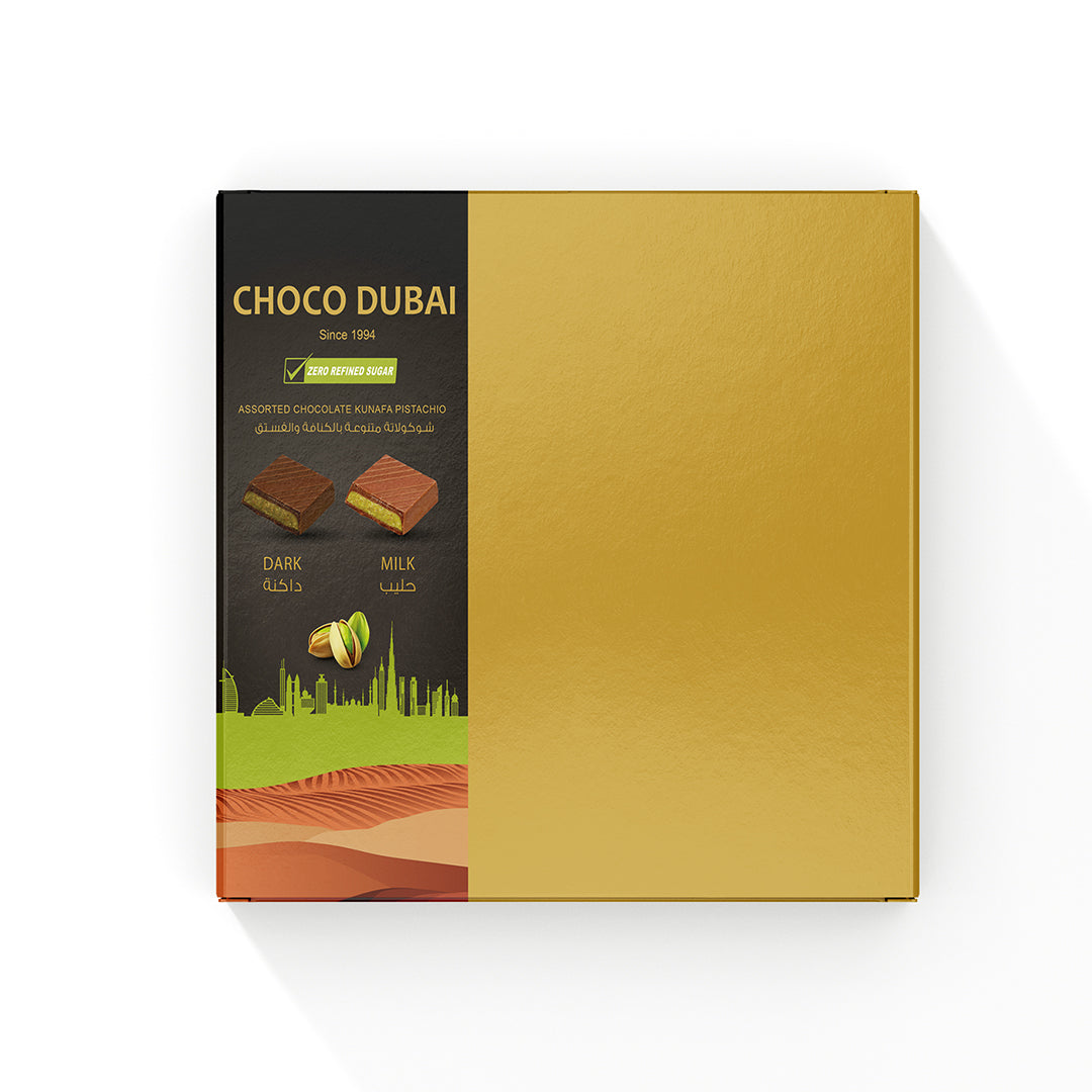 Dubai Chocolate Assorted Box – Kunafa & Pistachio, Zero Refined Sugar 180g (9pcs Gift Box)