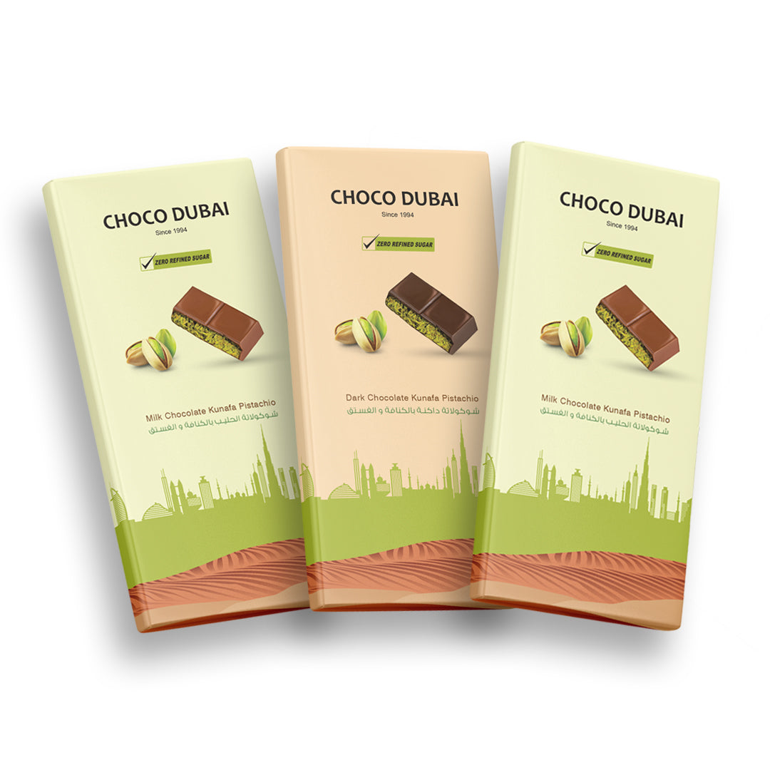 Dubai Chocolate Kunafa Pistachio 'Zero Refined Sugar' Chocolate Offer – 2 Milk + 1 Dark (3 Pieces, 300g)
