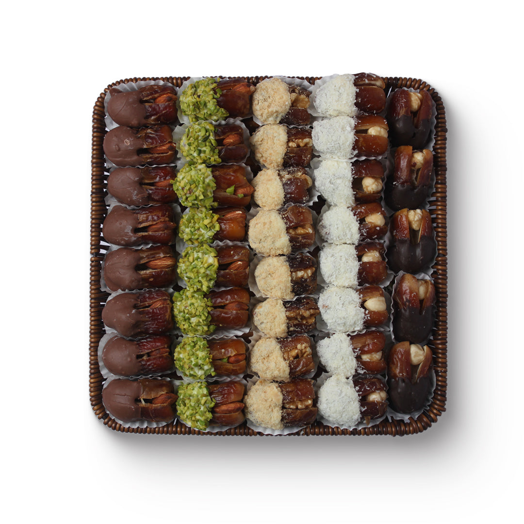 Half-Coated Dates Tray – Assorted Gourmet Chocolate & Nut Delights
