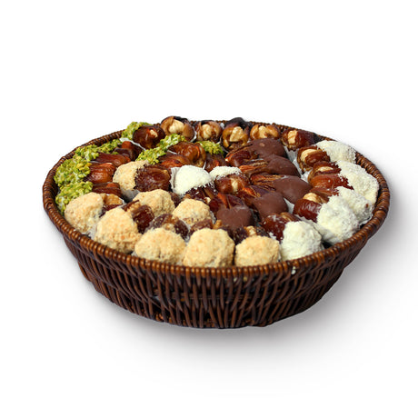 Half-Coated Dates Round Tray – Handcrafted Chocolate & Nut Delights