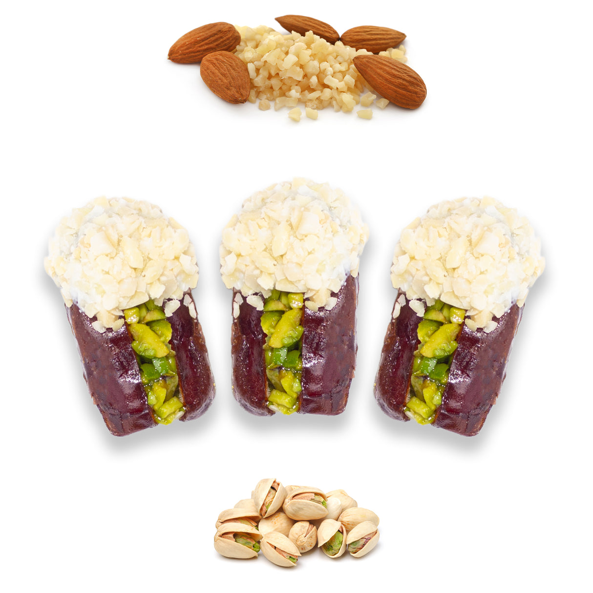 Luxury Khedri Dates Stuffed with Nuts & Half-Dipped in Almond Chocolate