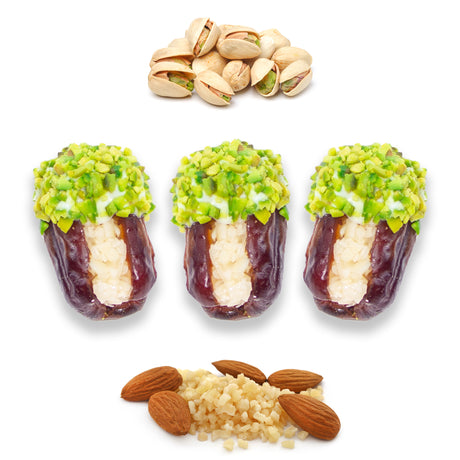 Luxury Khedri Dates Stuffed with Nuts & Half-Dipped in Pistachio Chocolate