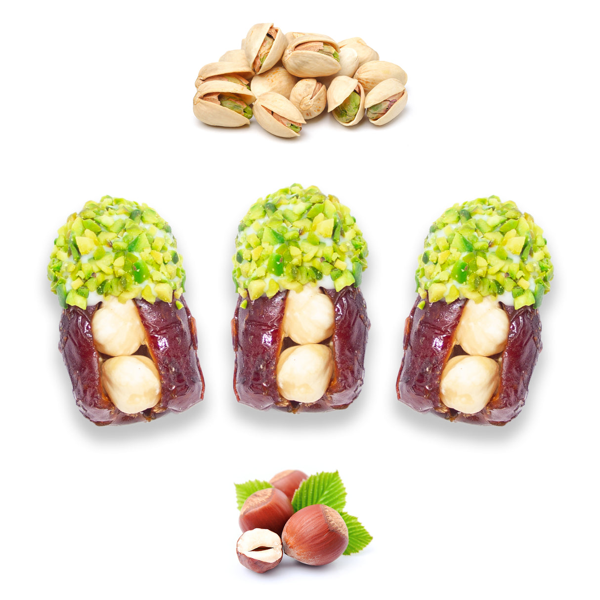 Luxury Khedri Dates Stuffed with Nuts & Half-Dipped in Pistachio Chocolate