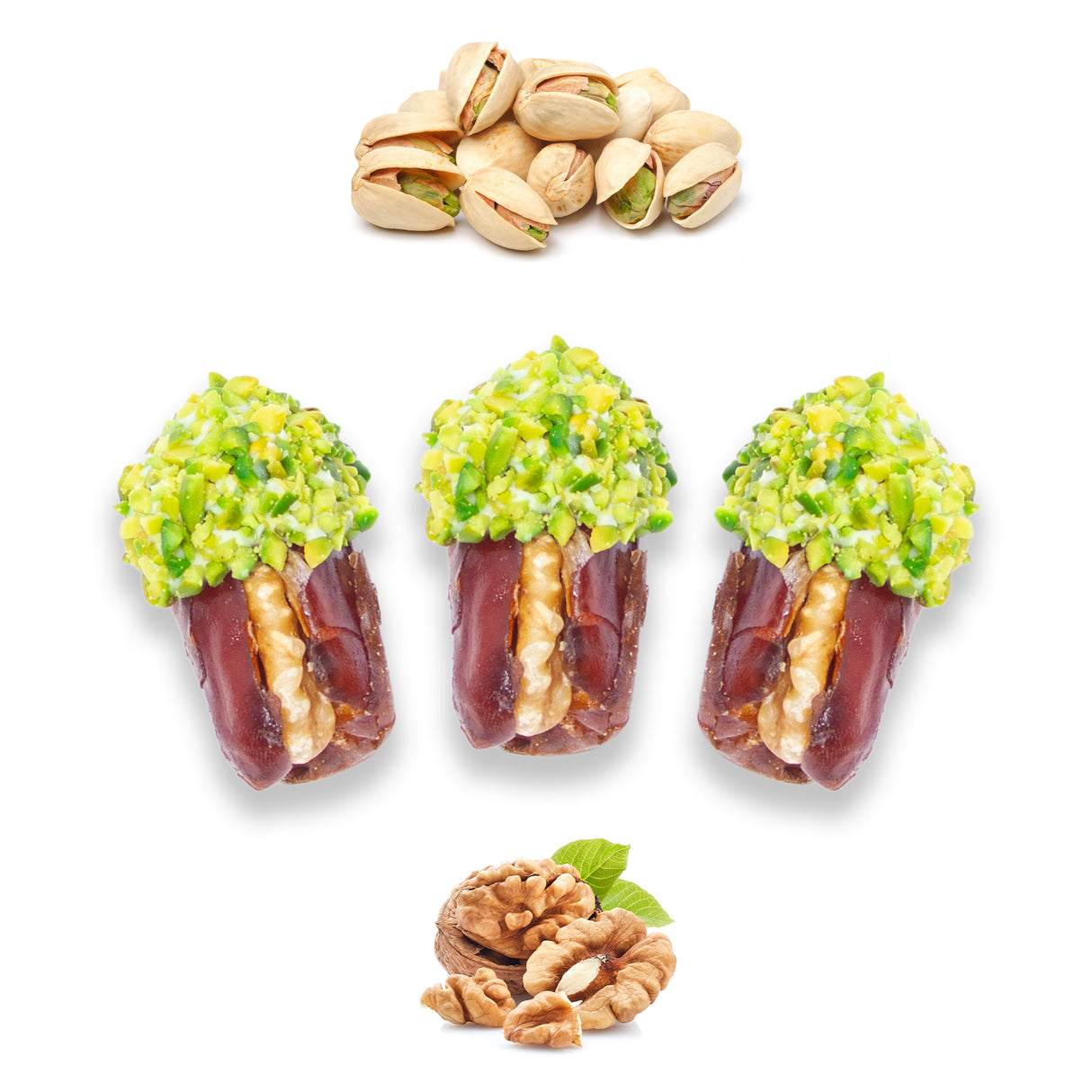 Luxury Khedri Dates Stuffed with Nuts & Half-Dipped in Pistachio Chocolate