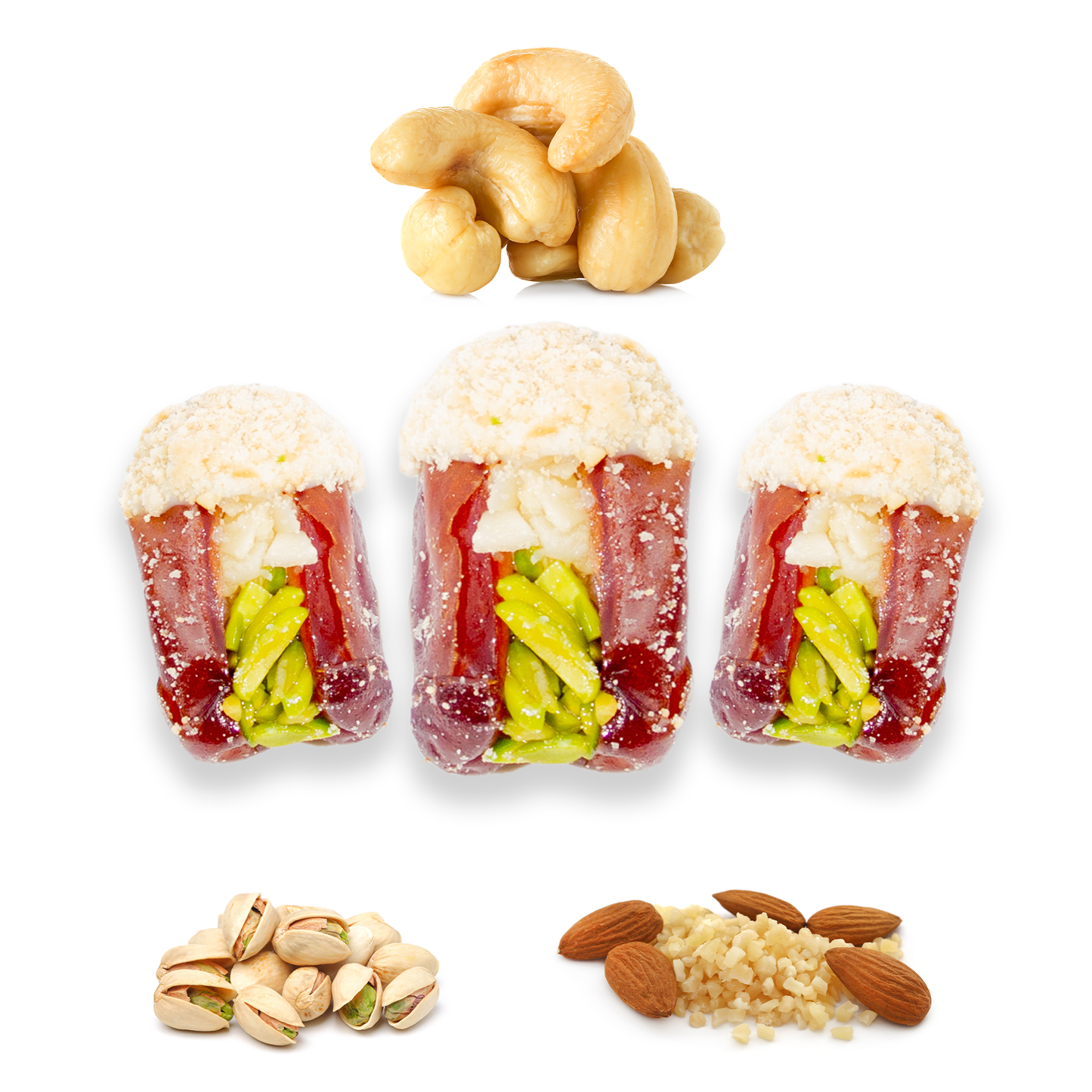 Luxury Khedri Dates Stuffed with Nuts & Half-Dipped in Cashew Chocolate