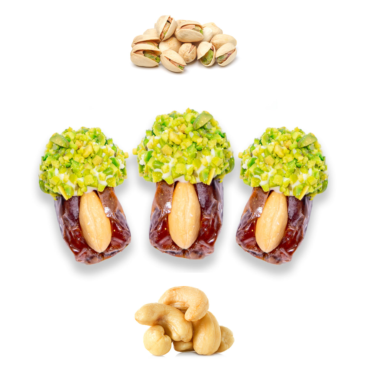 Luxury Khedri Dates Stuffed with Nuts & Half-Dipped in Pistachio Chocolate