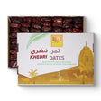 Khedri dates in a 3kg box from Kingdom Dates UAE, showing glossy, plump, and fresh dates arranged in a display.