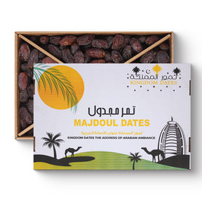 Majdoul Dates from Kingdom Dates UAE in a 5kg box, showcasing plump, golden Majdoul dates for healthy snacking.