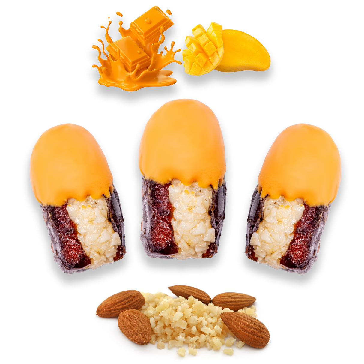 Luxury Khedri Dates Stuffed with Nuts & Half-Dipped in Mango Chocolate