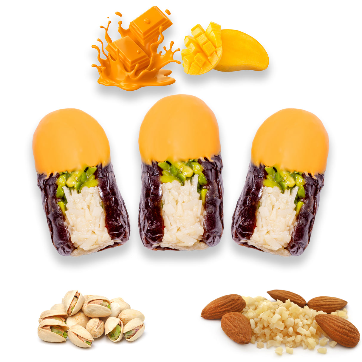 Luxury Khedri Dates Stuffed with Nuts & Half-Dipped in Mango Chocolate