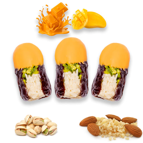 Luxury Khedri Dates Stuffed with Nuts & Half-Dipped in Mango Chocolate