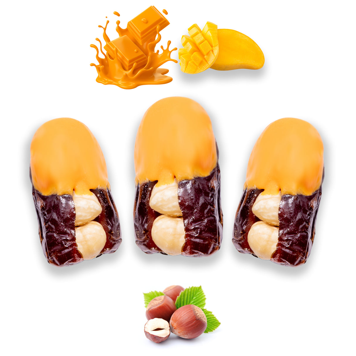 Luxury Khedri Dates Stuffed with Nuts & Half-Dipped in Mango Chocolate