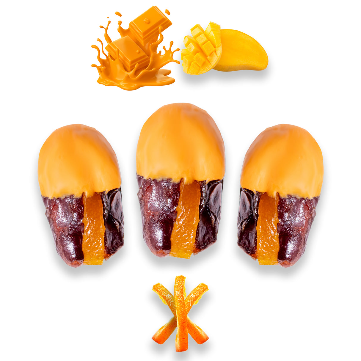 Luxury Khedri Dates Stuffed with Nuts & Half-Dipped in Mango Chocolate
