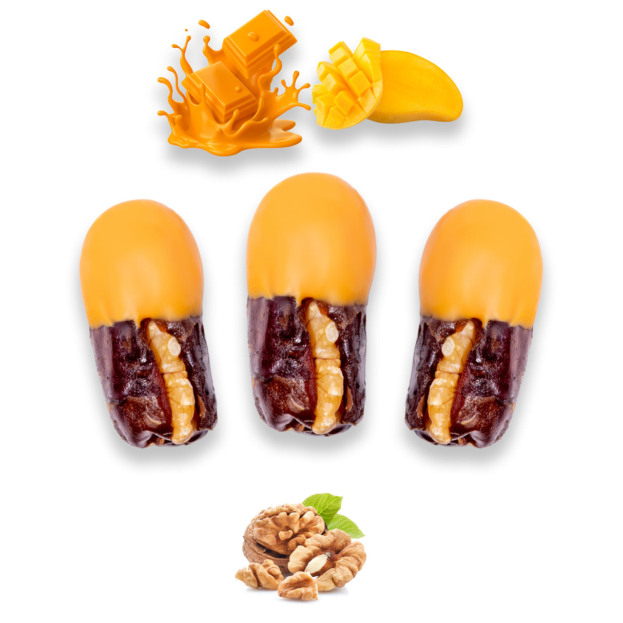 Luxury Khedri Dates Stuffed with Nuts & Half-Dipped in Mango Chocolate