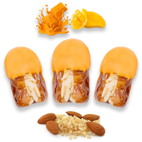 Mango chocolate dates stuffed with nuts and dried fruits, showcasing a sweet treat from Kingdom Dates UAE.