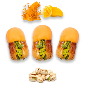 Mango chocolate dates stuffed with nuts and dried fruits, showcasing a sweet, colorful treat from Kingdom Dates UAE.