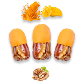 Mango chocolate dates stuffed with walnuts and dried fruits, showcasing a sweet treat from Kingdom Dates UAE.