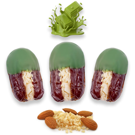 Luxury Khedri Dates Stuffed with Nuts & Half-Dipped in Matcha Chocolate