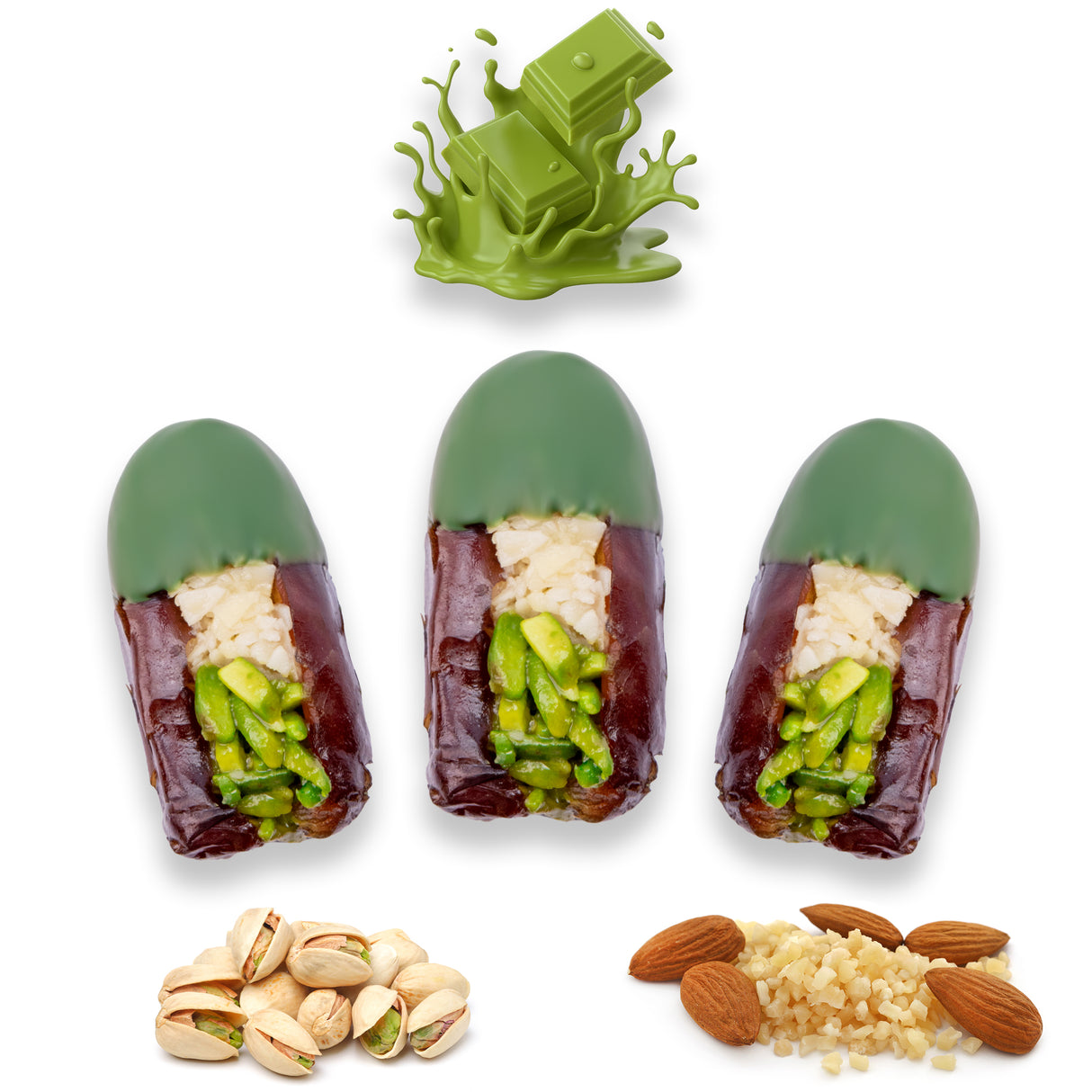 Luxury Khedri Dates Stuffed with Nuts & Half-Dipped in Matcha Chocolate