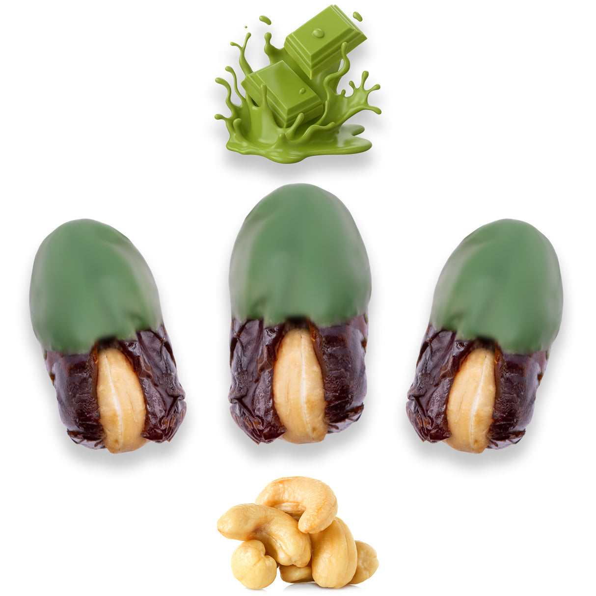 Luxury Khedri Dates Stuffed with Nuts & Half-Dipped in Matcha Chocolate