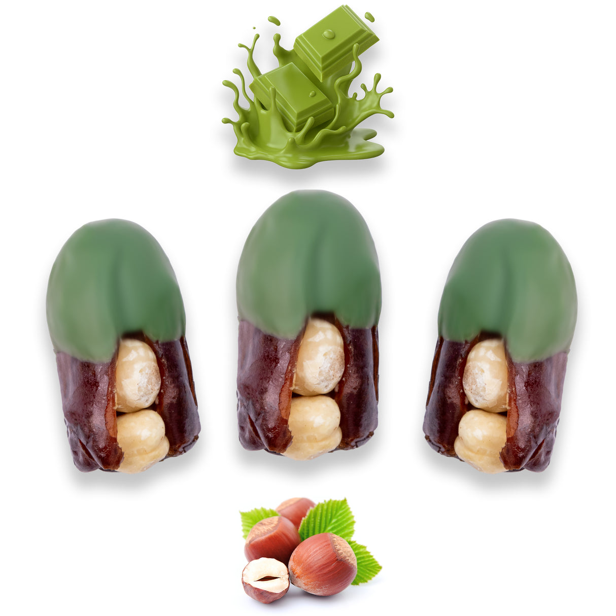 Luxury Khedri Dates Stuffed with Nuts & Half-Dipped in Matcha Chocolate