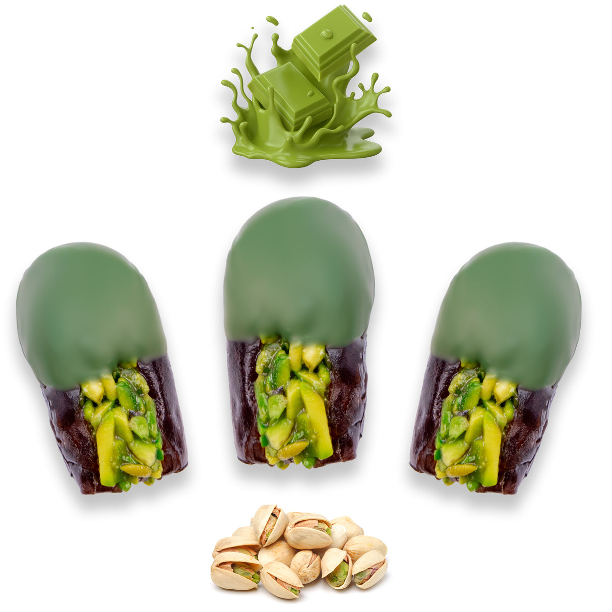 Luxury Khedri Dates Stuffed with Nuts & Half-Dipped in Matcha Chocolate