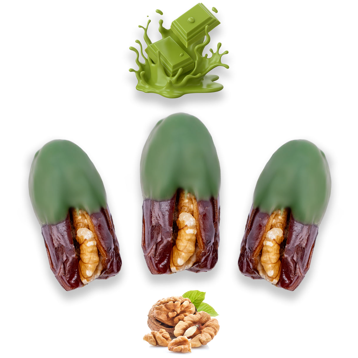 Luxury Khedri Dates Stuffed with Nuts & Half-Dipped in Matcha Chocolate