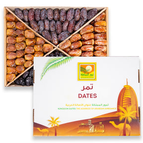 Assorted 4 kg box of premium dates including Majdoul, Ajwa, Sukkari, and Sagi from kingdomdatesuae.