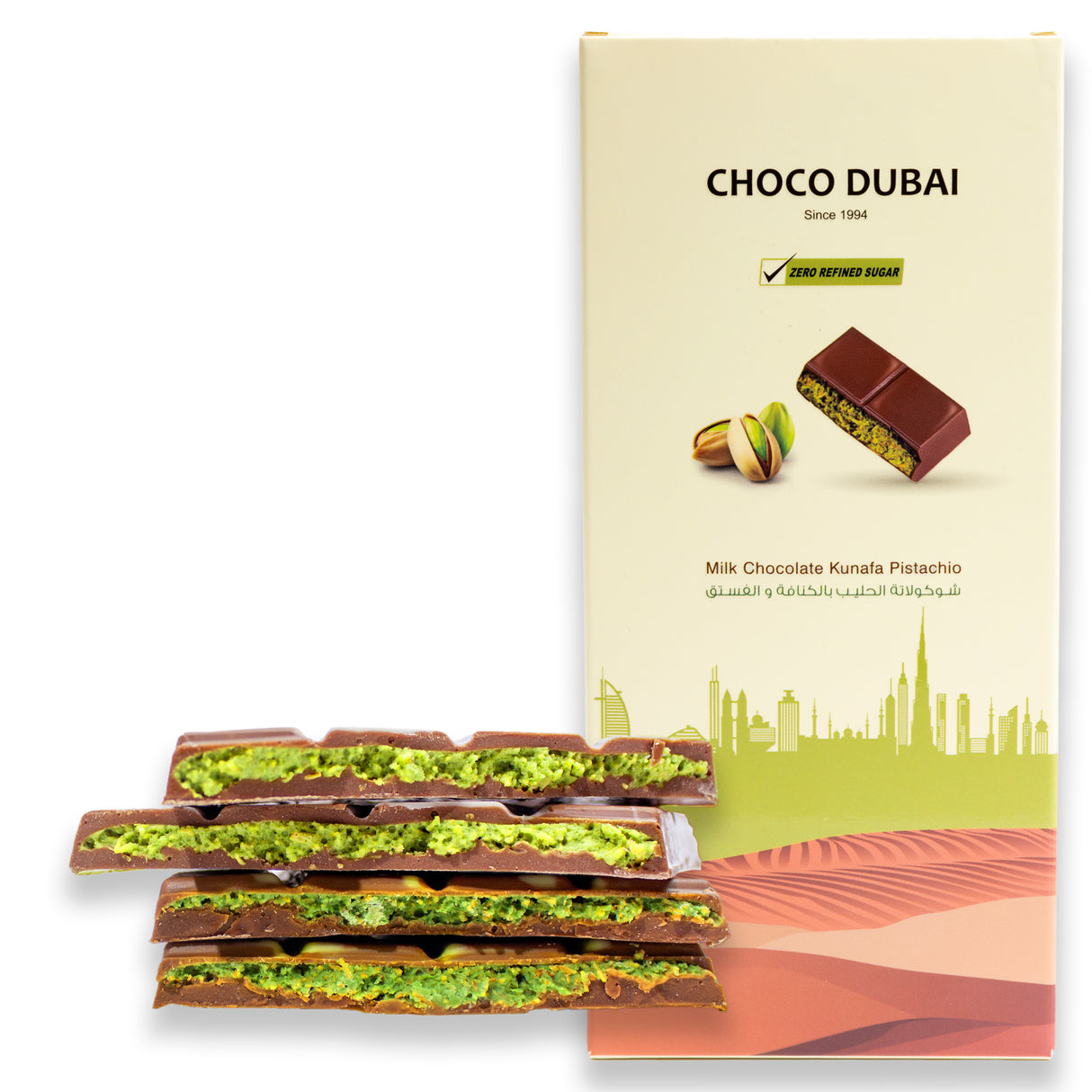 Milk Chocolate Kunafa Pistachio 100 GM (Zero Refined Sugar)