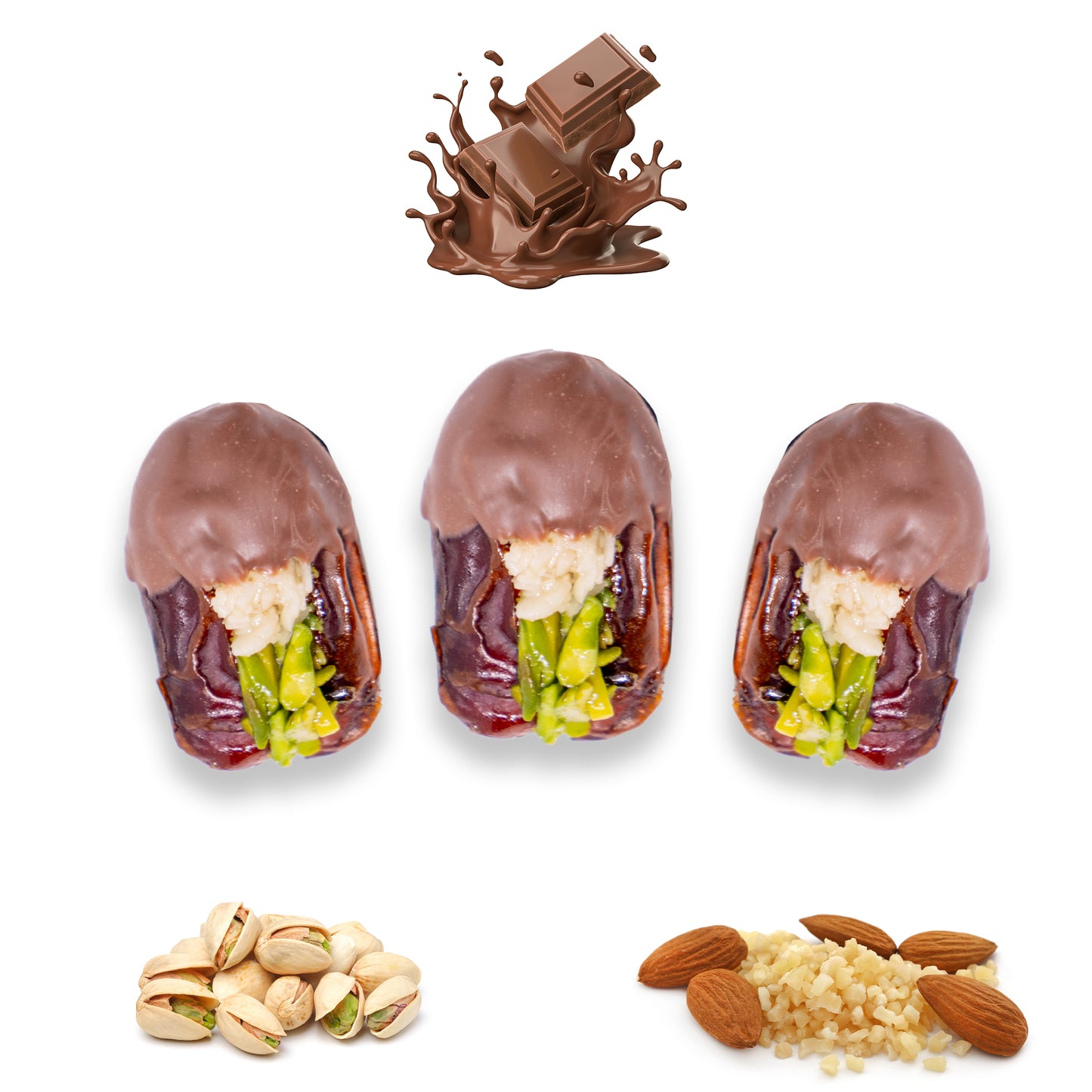 Luxury Khedri Dates Stuffed with Nuts & Half-Dipped in Milk Chocolate
