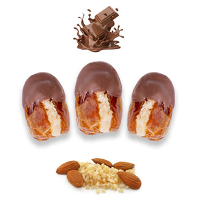 Milk chocolate dates stuffed with almonds, dried fruits, and nuts from Kingdom Dates UAE, showcasing a sweet, nutty treat.