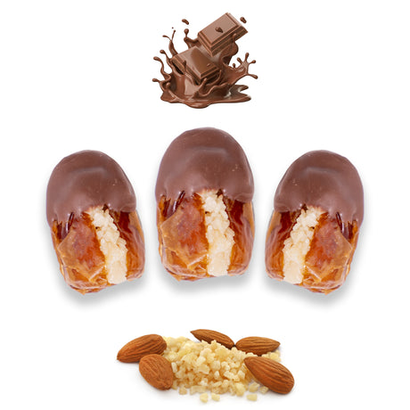 Milk chocolate dates stuffed with almonds, dried fruits, and nuts from Kingdom Dates UAE, showcasing a sweet, nutty treat.