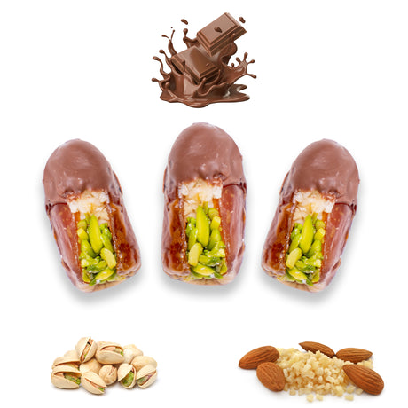 Luxury Sagi Dates Stuffed with Nuts & Half-Dipped in Milk Chocolate