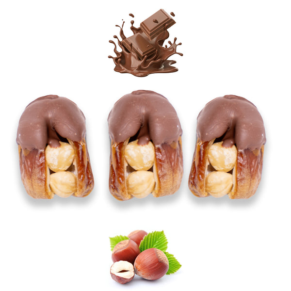 Milk chocolate dates stuffed with hazelnuts, dried fruits, and nuts by Kingdom Dates UAE, showing glossy chocolate coating and filled centers.