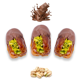 Milk chocolate dates from Kingdom Dates UAE filled with pistachios, nuts, and dried fruits, showcasing the delicious treat.