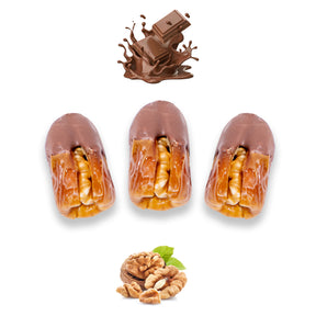 Milk chocolate dates stuffed with walnuts, dried fruits, and nuts from Kingdom Dates UAE for a sweet, nutty treat.