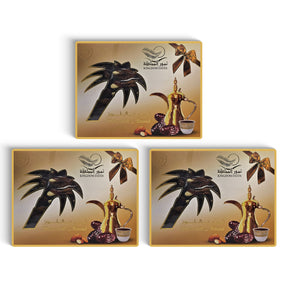 Pack of three 250g boxes of almond-stuffed dates from Kingdom Dates UAE, showcasing the delicious, sweet stuffed dates.