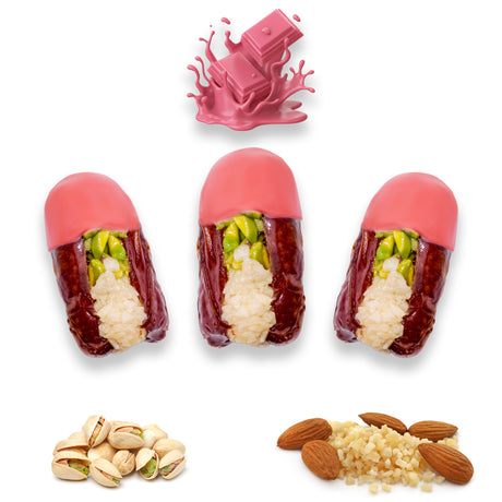 Luxury Khedri Dates Stuffed with Nuts & Half-Dipped in Ruby Chocolate