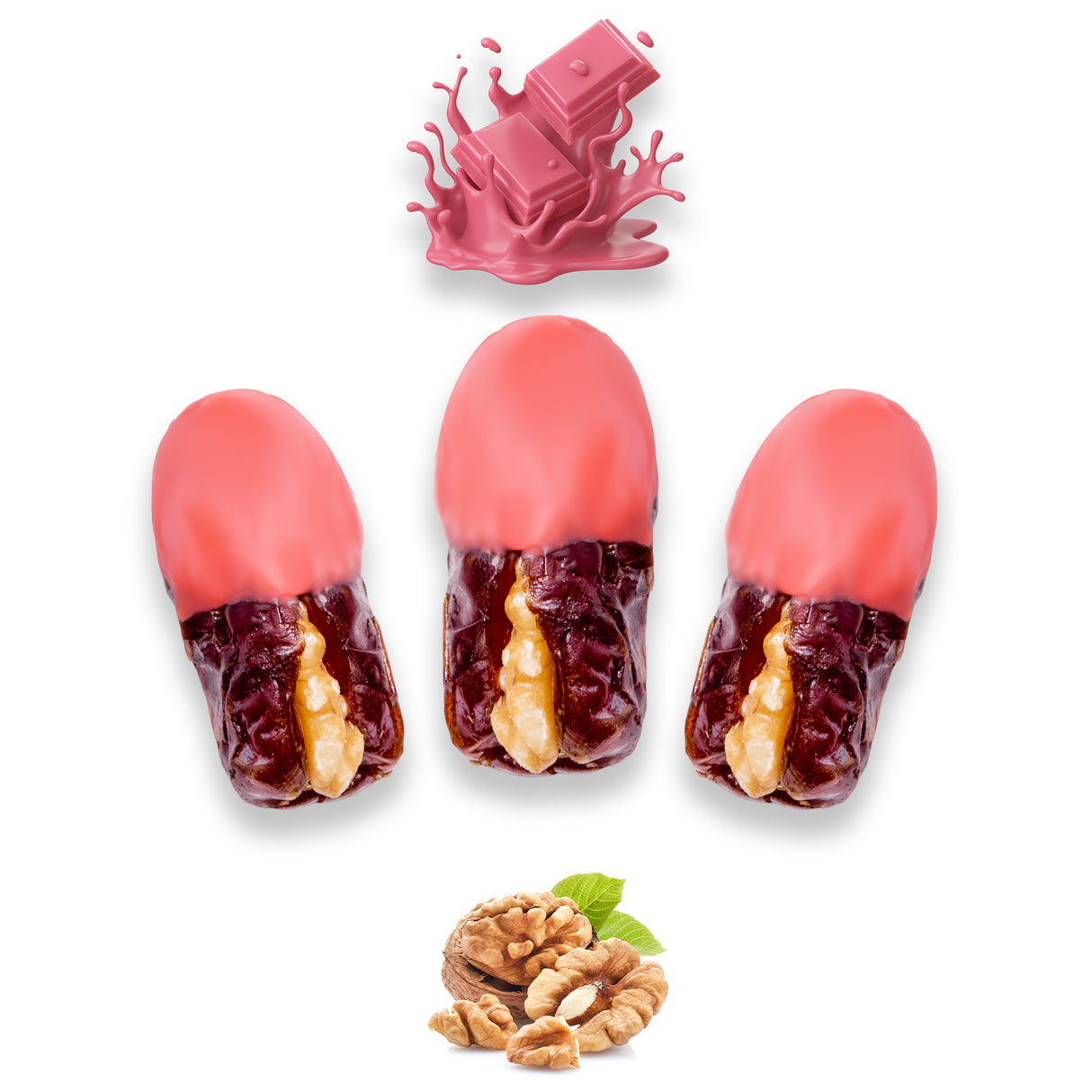 Luxury Khedri Dates Stuffed with Nuts & Half-Dipped in Ruby Chocolate