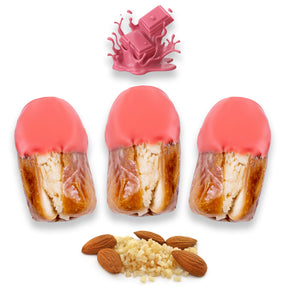 Ruby chocolate dates stuffed with almonds, dried fruits, and nuts from Kingdom Dates UAE, showcasing a close-up of the sweet treat.