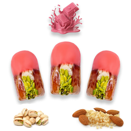 Luxury Sagi Dates Stuffed with Nuts & Half-Dipped in Ruby Chocolate