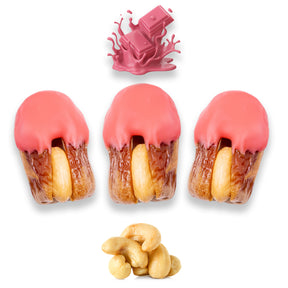 Ruby chocolate dates stuffed with cashews, dried fruits, and nuts from Kingdom Dates UAE, showcasing a delicious, glossy treat.