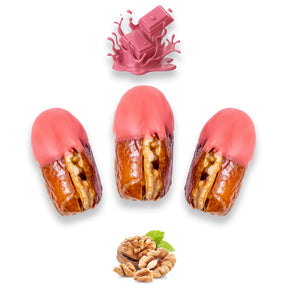 Ruby chocolate dates stuffed with walnuts, dried fruits, and nuts by Kingdom Dates UAE, shown with a glossy ruby chocolate coating.